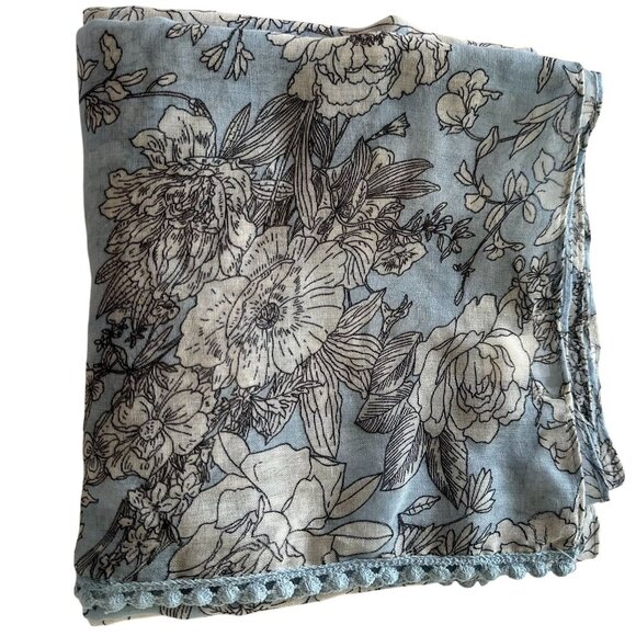 Floral Blue White Oblong Scarf Lace Trim Lightweight Long Wrap Hijab Bloomcore - Picture 12 of 13